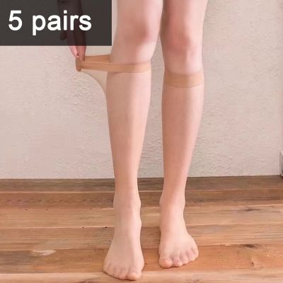 Calf Length Long Socks Transparent Nylon Stockings 5 Pairs Women's Ultra-thin